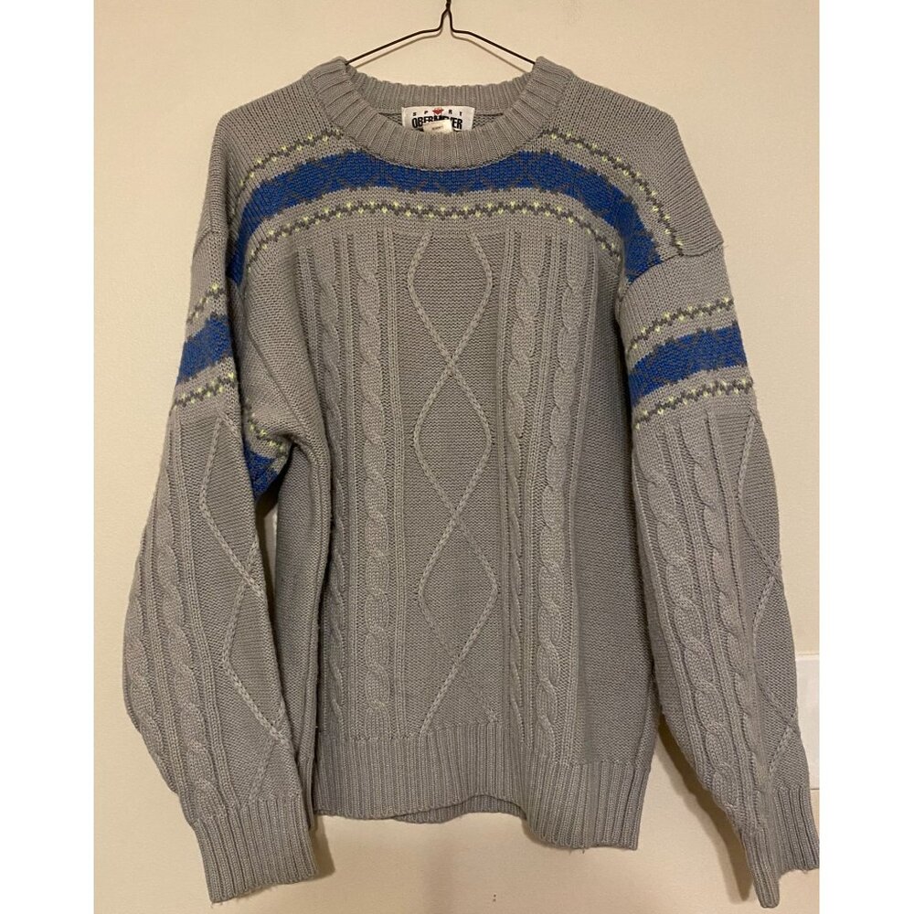 VTG Vintage 1990s Obermeyer Sport Gray Blue Men's Cable Knit Sweater Size Medium